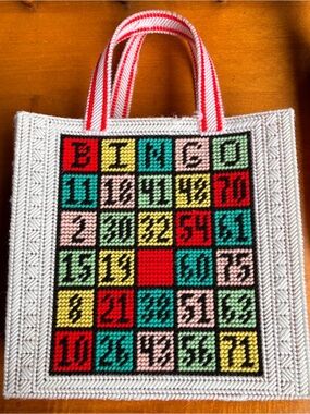 Hand Crafted BINGO Tote with yarn cross-stitch pattern